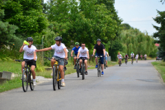 Jeden z etapów wyścigu. Widok na drogę asfaltową przebiegającą przez wieś. Kilku uczestników wyścigu, mężczyzn w różnym wieku jedzie na rowerach.