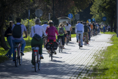 Uczestnicy spotkania jadący na rowerach na ścieżce pieszo-rowerowej.