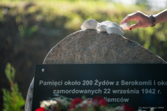 Widok na damską dłoń, która kładzie biały kamień na pomniku upamiętniającym ofiary pomordowanych Żydów