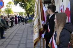 Młodzież szkolna stoi w poczcie sztandarowym przed budynkiem, po drugiej stronie chodnika stoi tłum uczestników wydarzenia