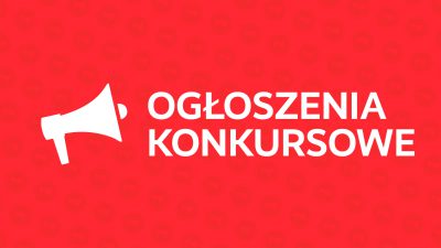 biały napis ogłoszenia konkursowe na czerwonym tle