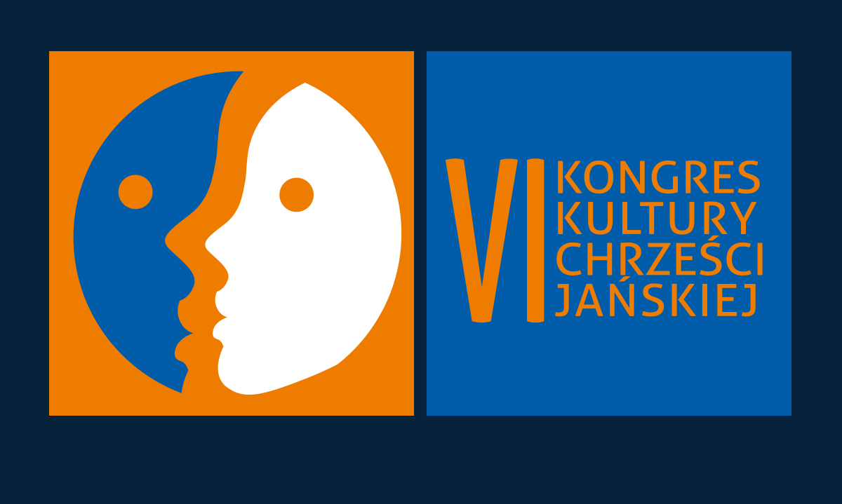 Plakat przedstawiający wydarzenie "VI Kongres Kultury Chrześcijańskiej". Z lewej strony umieszczone logo wydarzenia kolory pomarańczowy, niebieski, biały