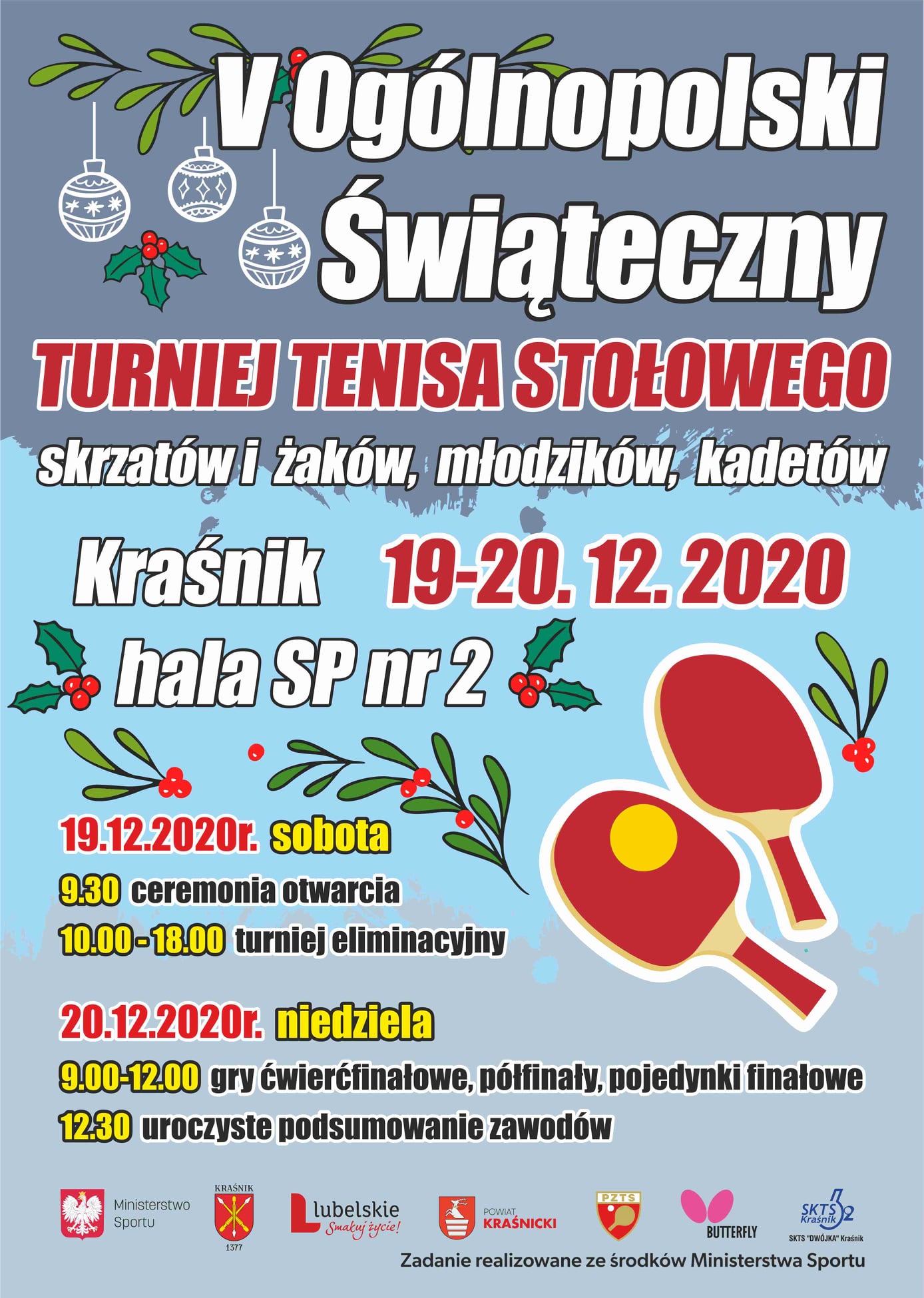 Plakat na którym znajdują się informację dotyczące V Ogólnopolskiego Świątecznego Turnieju Tenisa Stołowego w Kraśniku, który odbędzie się 19-20 grudnia 2020 roku.
