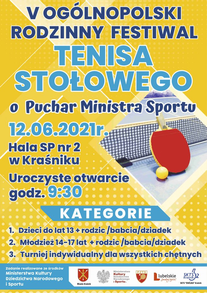 plakat promujący wydarzenie pt. V Rodzinny Festiwal Tenisa Stołowego o Puchar Ministra Sportu
