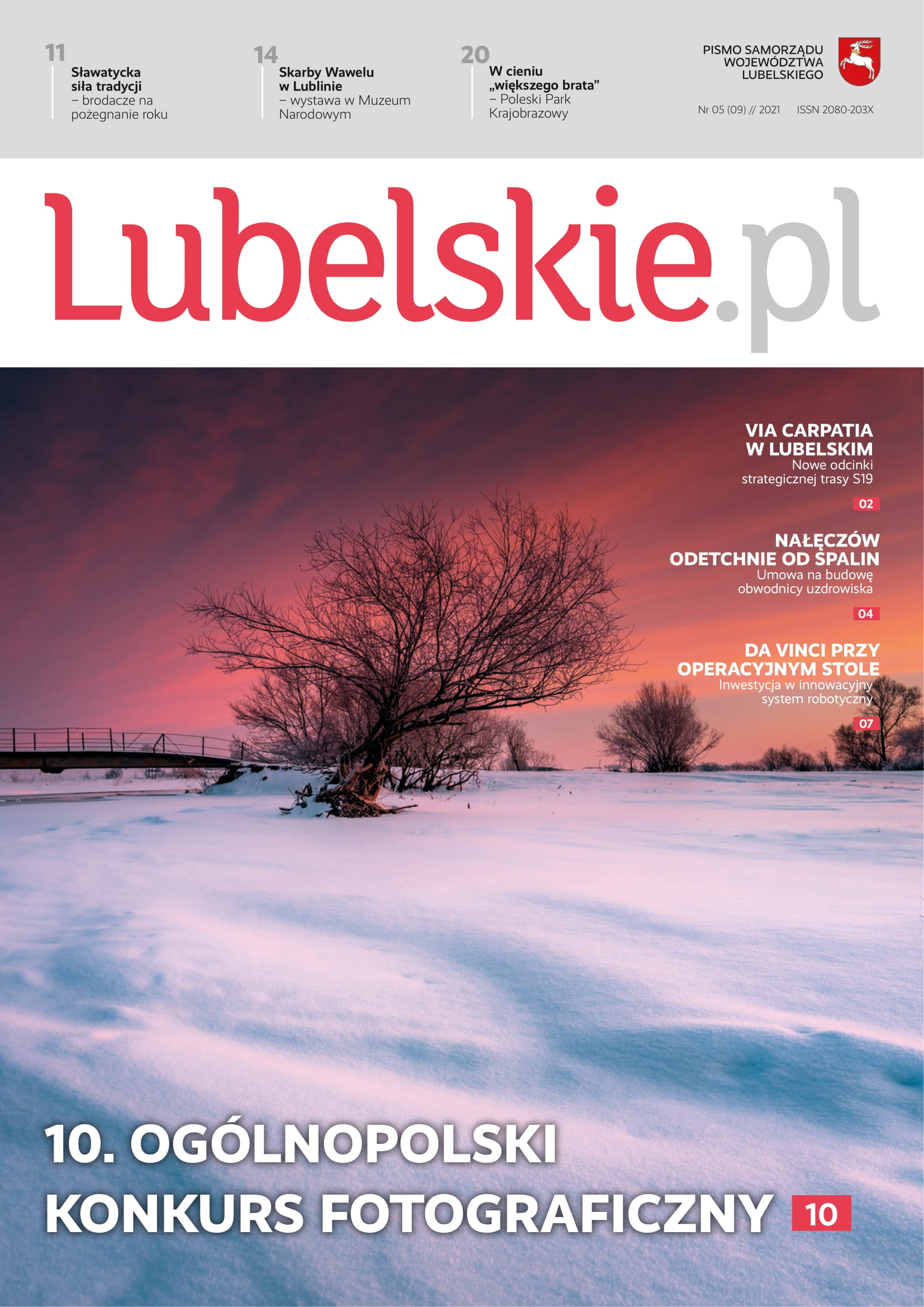 Okładka Lubelskie.pl - zachód słońca, zimowa aura, ziemia pokryta śniegiem, w centrum drzewo.