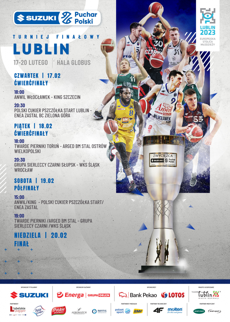 Plakat Suzuki Puchar Polski 2022 - rozkład meczy plus grafika koszykarzy.