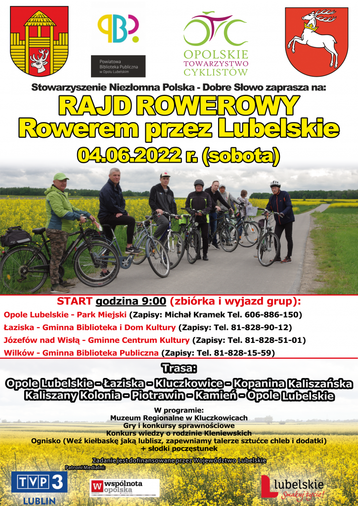 Plakat rajdu pn. Rajd Rowerowy Rowerem przez Lubelskie. W tle kwitnący rzepak, na drodze rowerowej grupa rowerzystów.