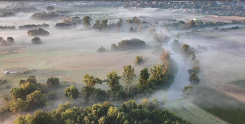 Meandry rzeki otulone wschodzącym słońcem i nostalgiczna mgłą