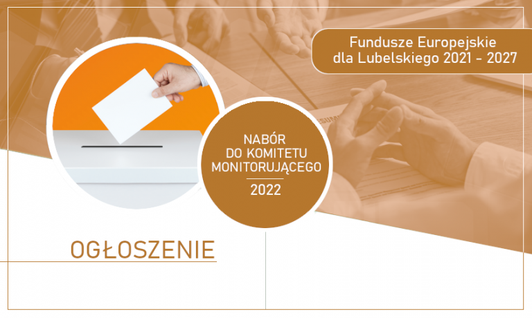 Dłoń wrzucająca kopertę do urny wyborczej i napis obłoszenie o naborze do Komitetu Monitorującego 2023