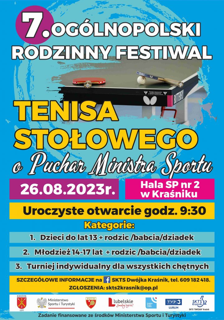Niebieskie tło z napisem 7 ogólnopolski rodzinny festiwal tenisa stołowego