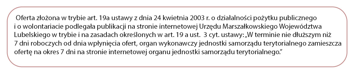 Treść: Oferta złożona w trybie art. 19a ustawy z dnia 24 kwietnia 2003 r. o działalności pozytku publicznego i o wolontariacie podlegała publikacji na stronie internetowej Urzędu Marszałkowskiego Województwa Lubelskiego w trybie i na zasadach określonych w art. 19a ust.3 cyt. ustawy: "W terminie nie dłuższym niż 7 dni roboczych od dnia wpłynięcia oferty, organ wykonawczy jednostki samorządu terytorialnego zamieszcza ofertę na okres 7 dni na stronie internetowej organu jednostki samorządu terytorialnego."