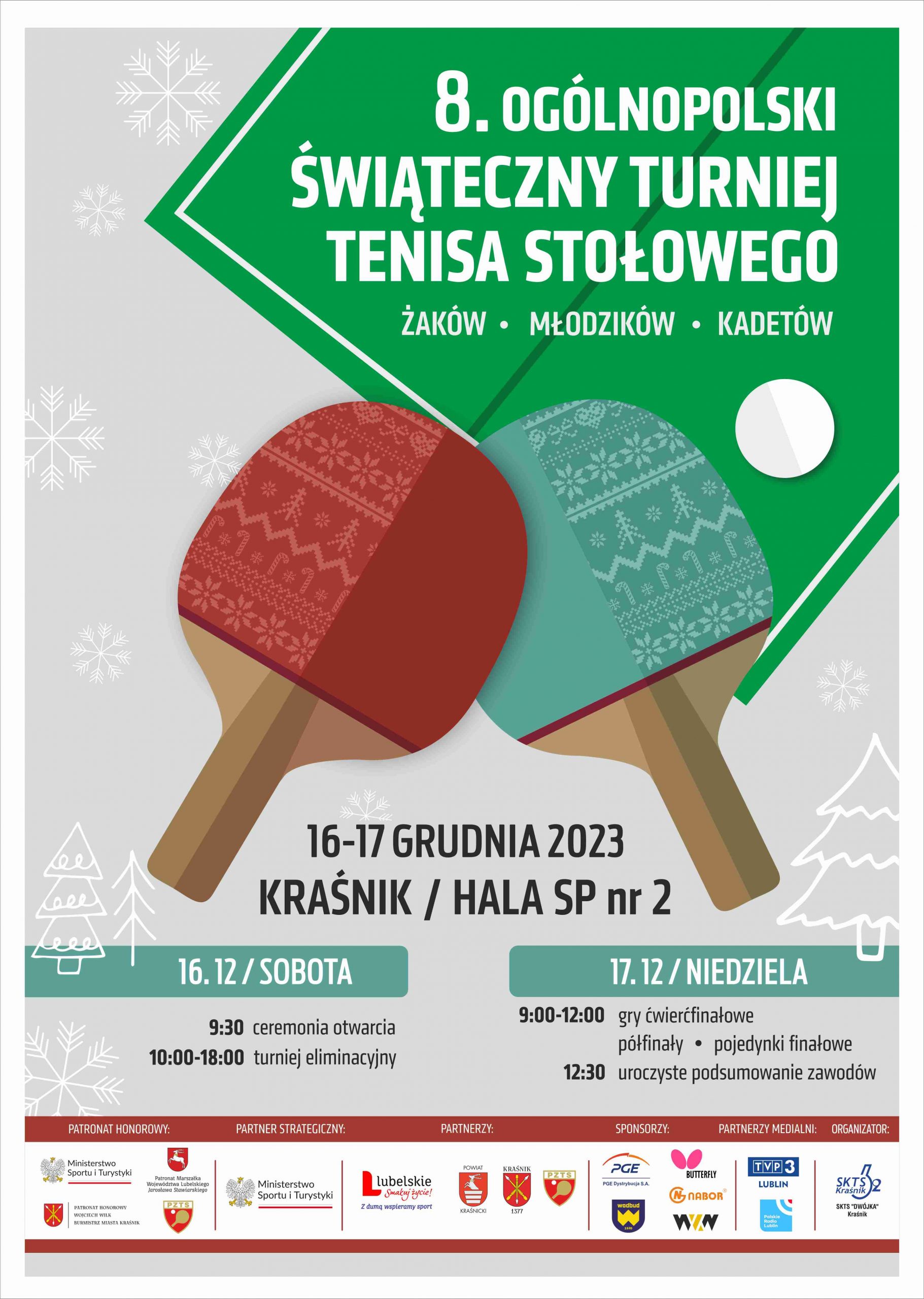 Informacyjny plakat dotyczący turnieju pn. 8. Ogólnopolski Świąteczny Turniej Tenisa Stołowego