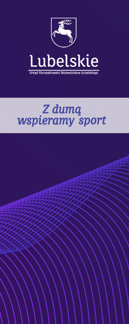 Zdjęcie reprezentujące herb Województwa Lubelskiego wraz logotypem "Z dumą wspieramy sport" na fioletowym tle 