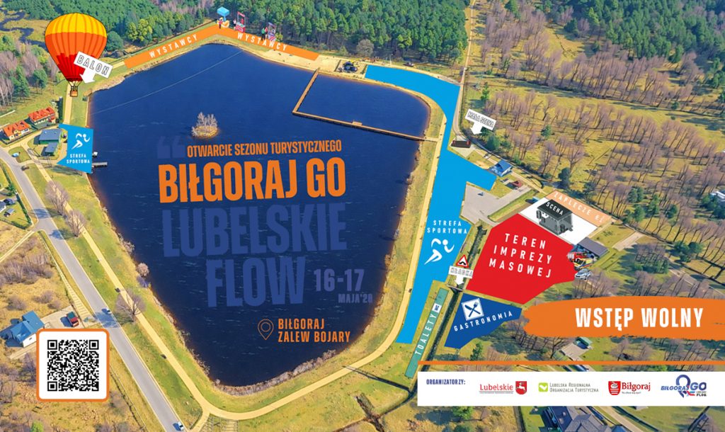 Mapa Zalewu Bojary w Biłgoraju z grafikami przedstawiającymi przebieg i rozmieszczenie wydarzenie Biłgoraj Go! Lubelskie Flow!