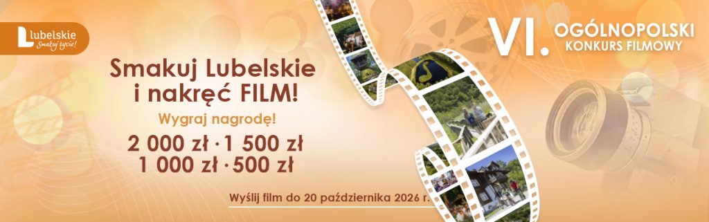 Grafika z ikonami kamer, aparatów i rolek filmowych z napisem: "Szósty Ogólnopolski Konkurs Filmowy".